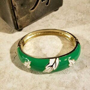 Enameled Leaves Green White Gold Hinged Bangle Bracelet